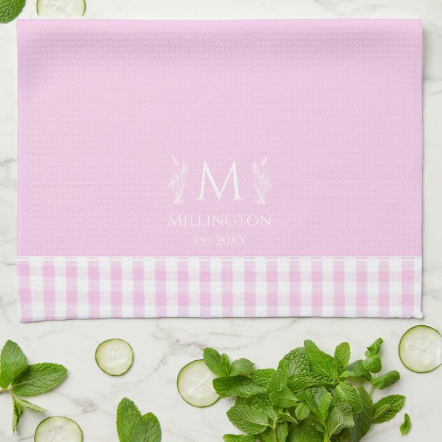Anpassat namn Monogrammed Rosa & White Gingham Kökshandduk (Vikta)