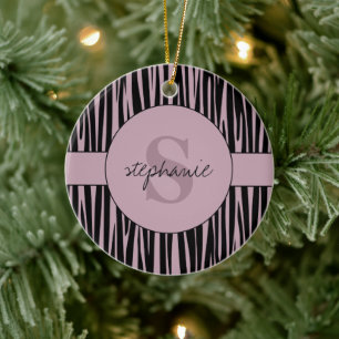 Anpassat namn Monogrammed Zebra ränder mönster Julgransprydnad Keramik