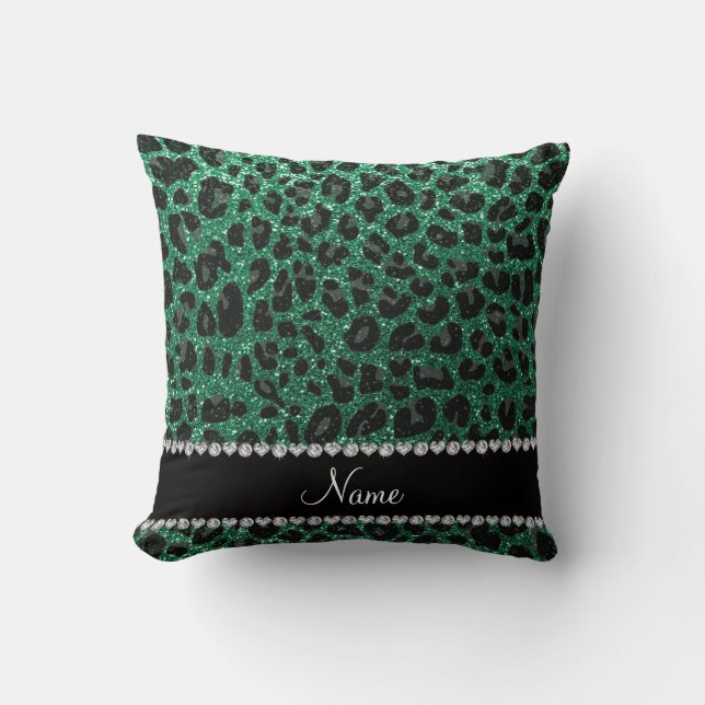 Anpassat namn mynta grönt glitter leopard kudde (Framsida)