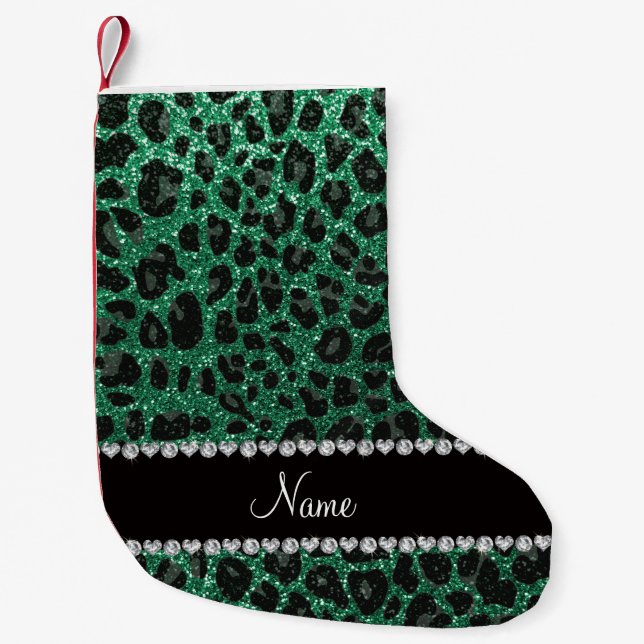 Anpassat namn mynta grönt glitter leopard liten julstrumpa (Framsidan)