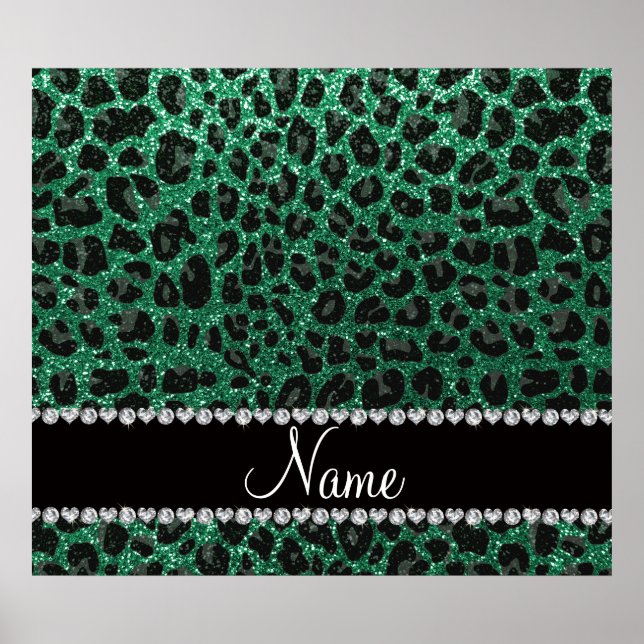 Anpassat namn mynta grönt glitter leopard poster (Framsidan)