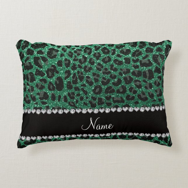 Anpassat namn mynta grönt glitter leopard prydnadskudde (Framsidan)