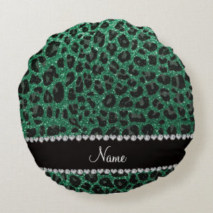 Anpassat namn mynta grönt glitter leopard rund kudde