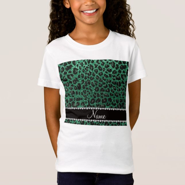Anpassat namn mynta grönt glitter leopard tee (Framsida)