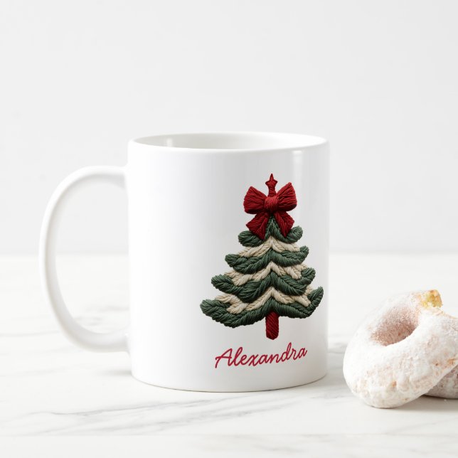 Anpassat Namn Mysig Rustik Broderad Julgran Kaffemugg (Med munk)