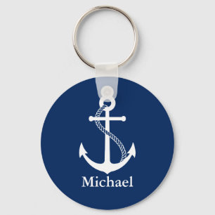 Anpassat namn Nautical Navy Blue med vit ankare Nyckelring