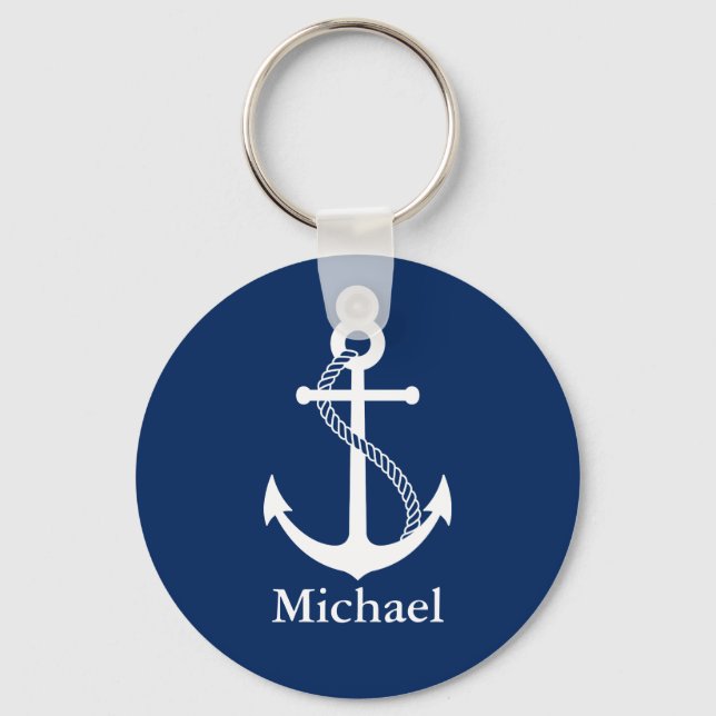 Anpassat namn Nautical Navy Blue med vit ankare Nyckelring (Framsida)