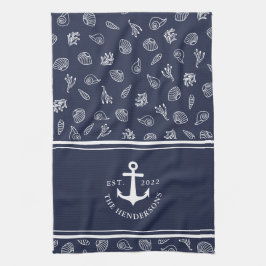 Anpassat namn Nautical Navy Blue White Anchor Kökshandduk
