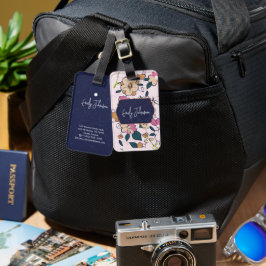 Anpassat namn Navy Blue Blommig Abstrakt Skriptnam Bagagebricka
