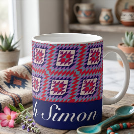 Anpassat Namn Navy & Röd Boho Modernt Quilt Design Kaffemugg