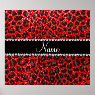 Anpassat namn neon red glitter leopard print poster