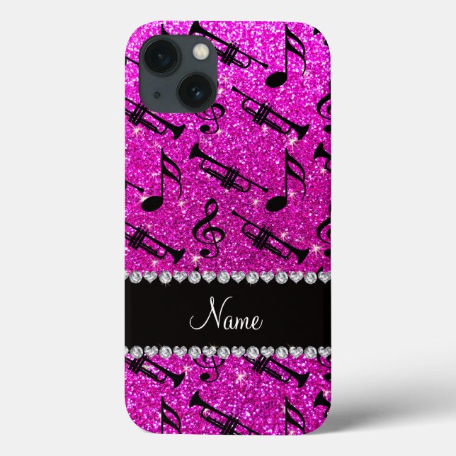 Anpassat namn neon rosa glitter trumpets musik not (Baksida)