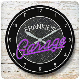 Anpassat namn Neon Se Diamond Plate Garage Verktyg Stor Klocka