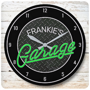 Anpassat namn Neon Se Diamond Plate Garage Verktyg Stor Klocka