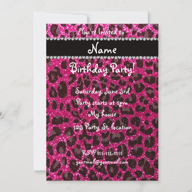 Anpassat namn neon shock rosa glitter leopard inbjudningar (Framsida)