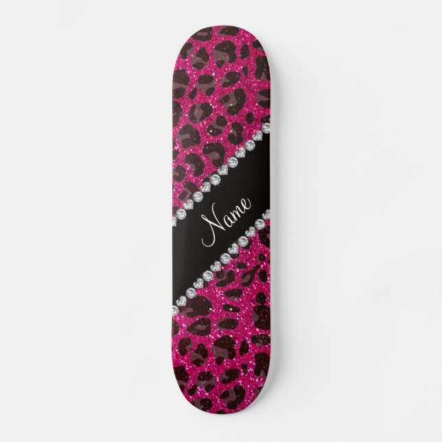 Anpassat namn neon shock rosa glitter leopard old school skateboard bräda 18 cm (Framsida)