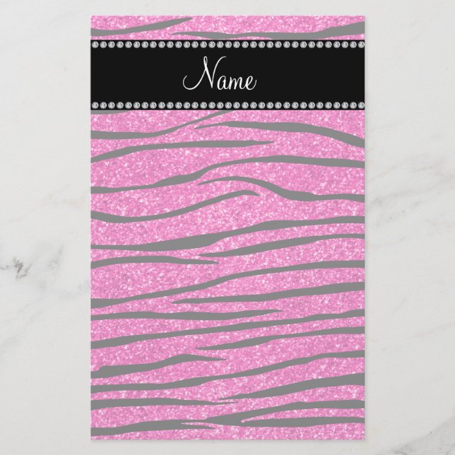 Anpassat namn neon shock rosa glitter zebra ränder brevpapper (Framsida)
