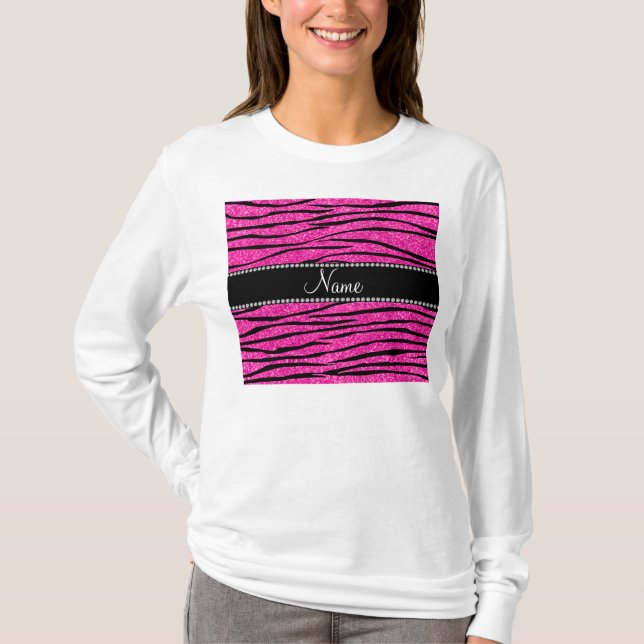 Anpassat namn neon shock rosa glitter zebra ränder t-shirt (Framsida)