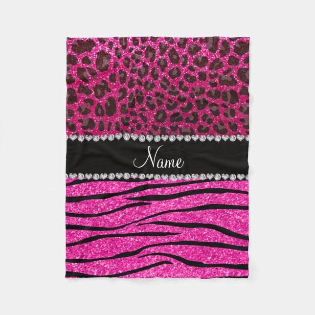 Anpassat namn neon shock rosa zebra ränder leopard fleecefilt (Framsidan)