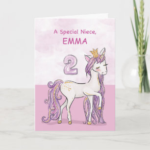 Anpassat Namn Niece 2-årsdag Rosa Häst med Krona Kort