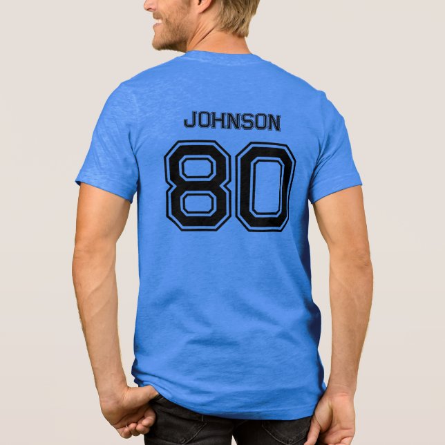 Anpassat namn, nummer, rött team, blått idrottslag t shirt (Baksida)