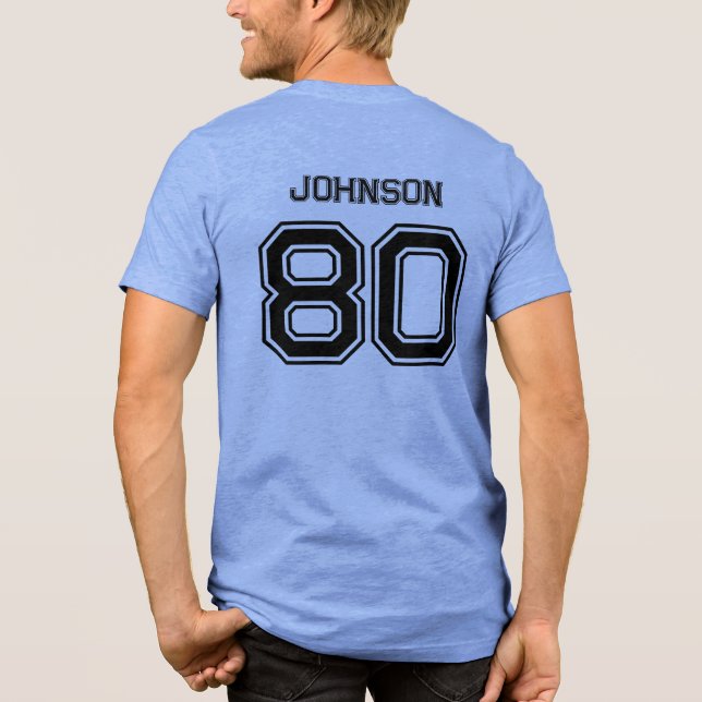 Anpassat namn, nummer, rött team, blått idrottslag t shirt (Baksida)