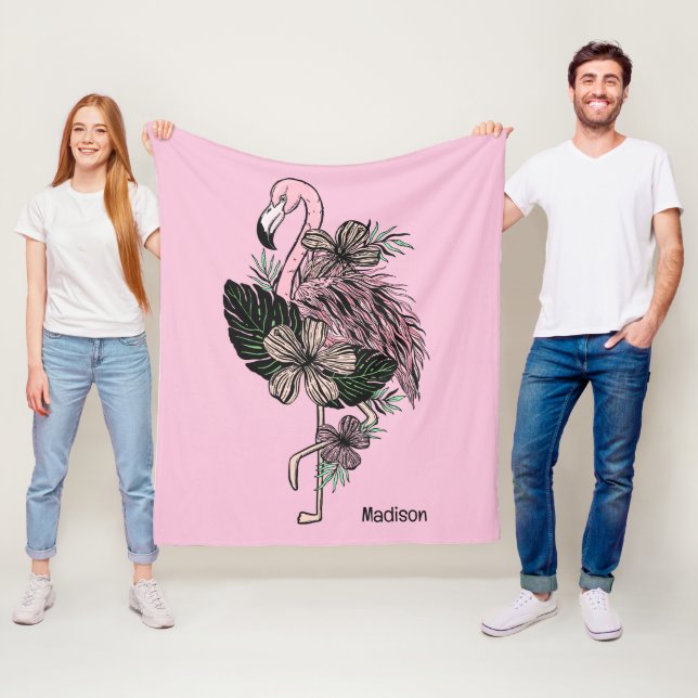 Anpassat namn och Färg Rosa Flamingo Fleecefilt (På plats)