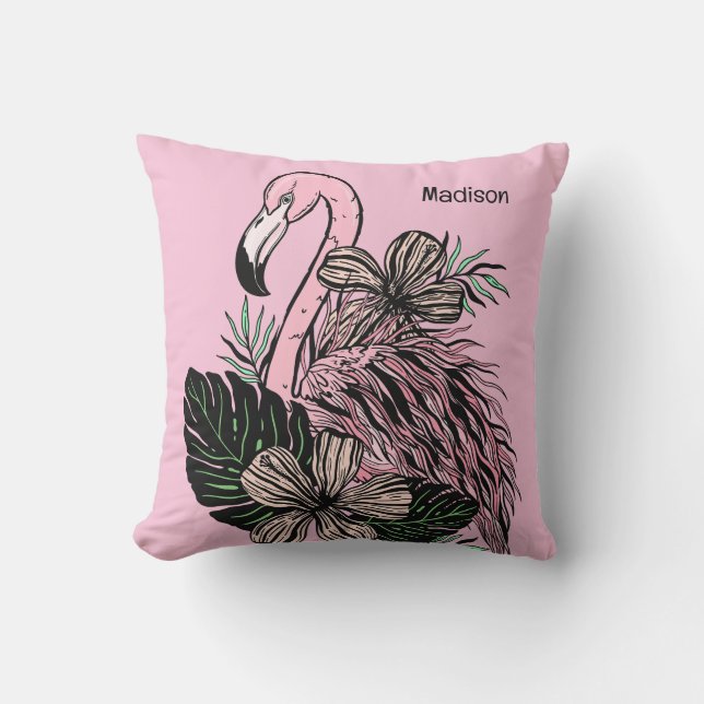 Anpassat namn och Färg Rosa Flamingo Kudde (Framsida)