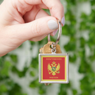 Anpassat namn och Flagga för Montenegro Fyrkantig Silverfärgad Nyckelring