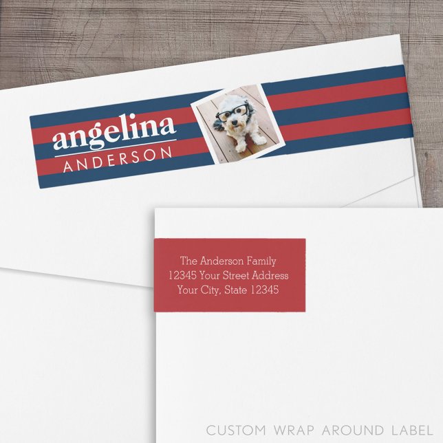 Anpassat namn och foto för Red and Navy Stripe Mön Etikettband (Custom Return Address Label with a Wrap Around Feature)