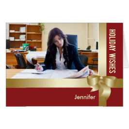 Anpassat namn och foto-Helgdag Red, Guld Bow Hälsningskort