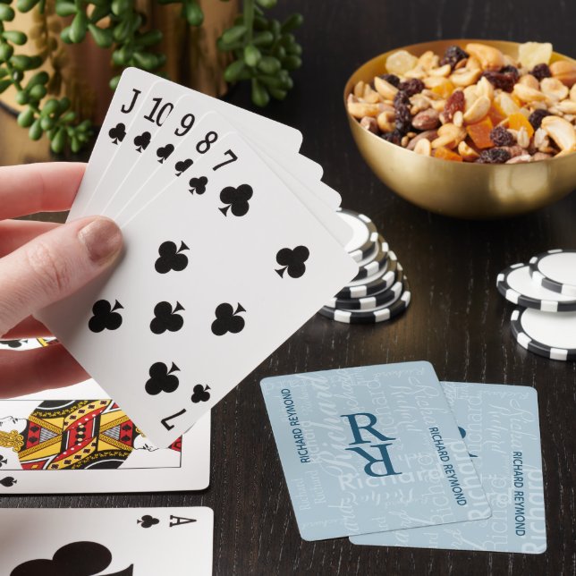 Anpassat namn och inverterat monogram ljusblått fö casinokort (På plats)
