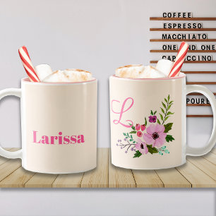 Anpassat namn och monogram för rosa Blommigt Två-Tonad Mugg