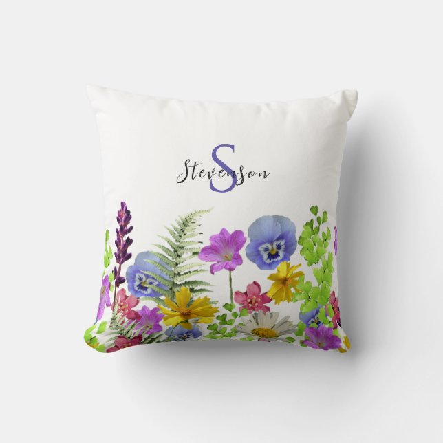 Anpassat namn och monogram för söt Wildblommor Kudde (Framsida)