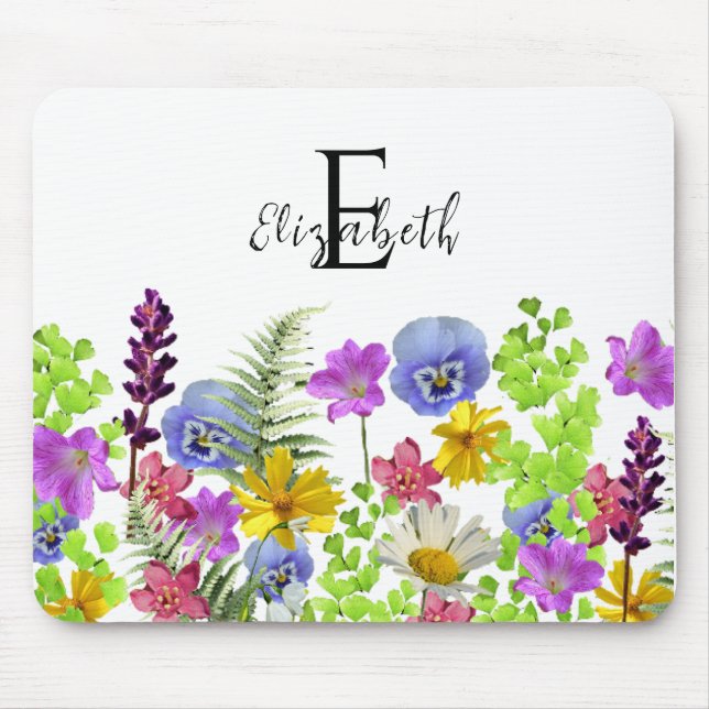 Anpassat namn och monogram för söt Wildblommor Musmatta (Framsidan)