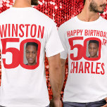 Anpassat namn och rött fotomall för 50-årsdagen t shirt<br><div class="desc">50:e lycklig-födelsedagen ljusröd och vit text, anpassningsbarnas framsida och bakfoto samt namn t-shirt. Roligtens 50:e personlig-foto med fet röd och kontrasterande garantidesign för vita födelsedag. Anpassa den här födelsedagskjortan med två fotografier av födelsedagskalkylen i mitten på siffran 0 på framsidan och baksidan perfekt för ett tidigare och aktuellt fototillfälle. Underbar...</div>