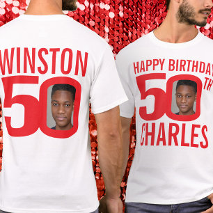 Anpassat namn och rött fotomall för 50-årsdagen t shirt