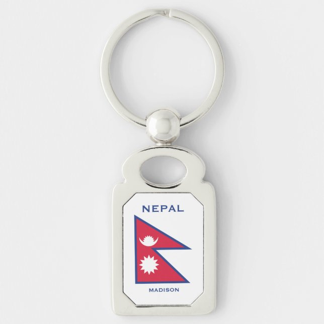 Anpassat namn och text-nepalat-Flagga Rektangulärt Silverfärgad Nyckelring (Framsidan)