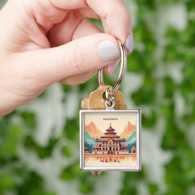 Anpassat namn och text nepalat fyrkantig silverfärgad nyckelring (Hand)