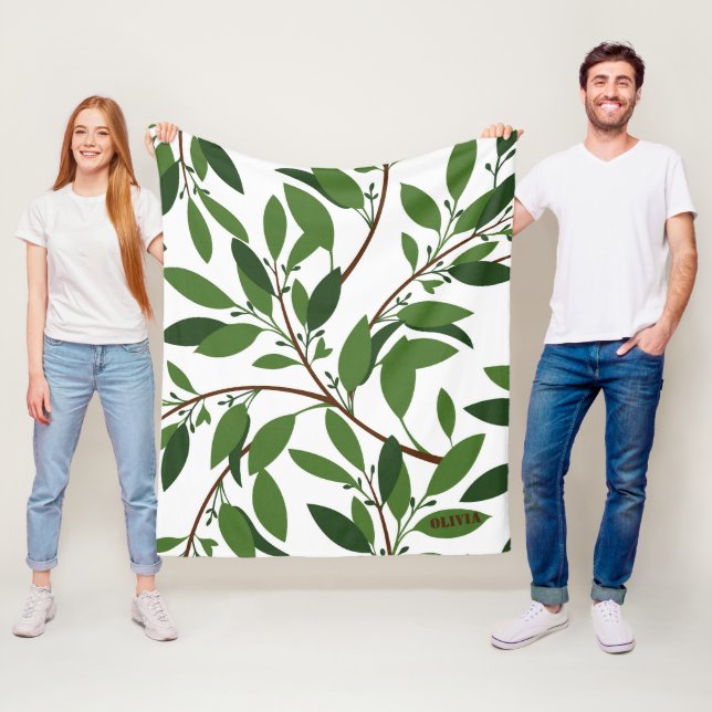 Anpassat namn Olive Gren Mönster White Grönt Löv Fleecefilt (På plats)