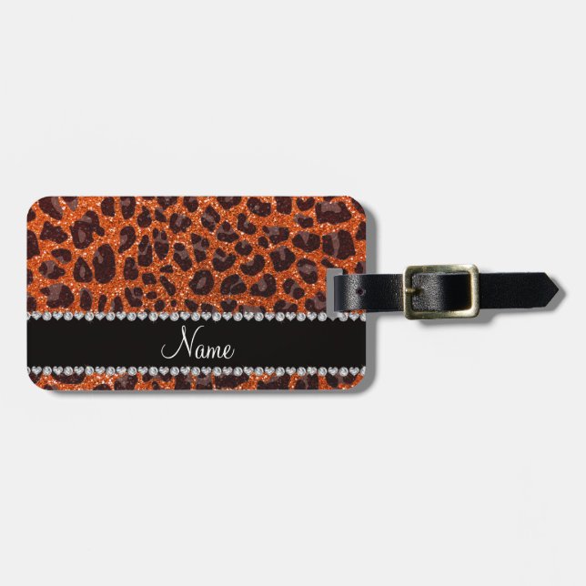 Anpassat namn orange glitter leopard bagagebricka (Horisontell Framsida)