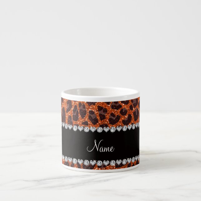 Anpassat namn orange glitter leopard espressomugg (Framsidan)