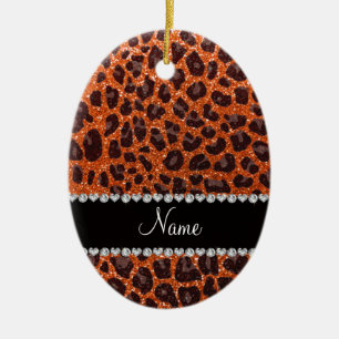 Anpassat namn orange glitter leopard julgransprydnad keramik
