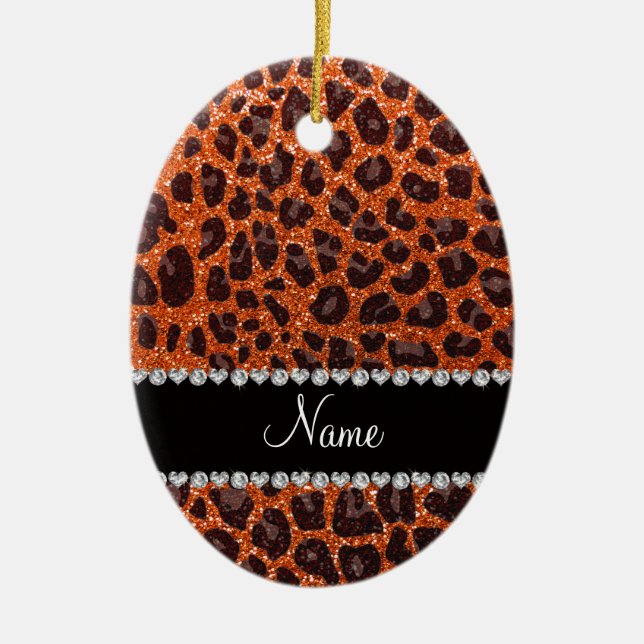Anpassat namn orange glitter leopard julgransprydnad keramik (Framsidan)