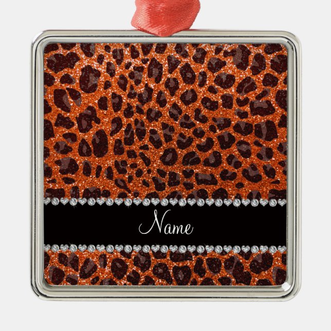 Anpassat namn orange glitter leopard julgransprydnad metall (Framsidan)