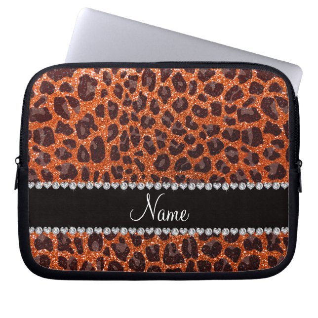Anpassat namn orange glitter leopard laptop fodral (Framsidan)