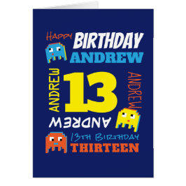 Anpassat namn på 13:e födelsedag gult blå pixelspe hälsningskort