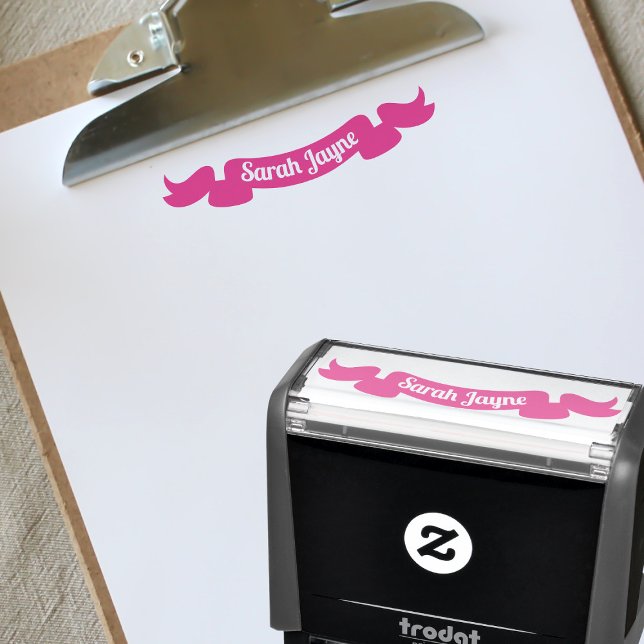 Anpassat namn på banderoll för enkel Rosa Självfärgande Stämpel (A pretty pink ribbon self inking stamp that you can add your name to)