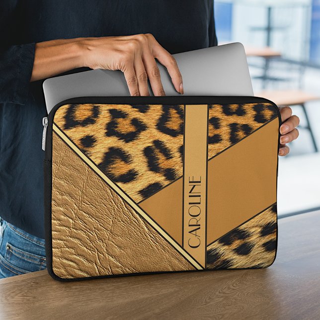 Anpassat namn på läder och leopard Skin Mönster Laptop Fodral (Skapare uppladdad)