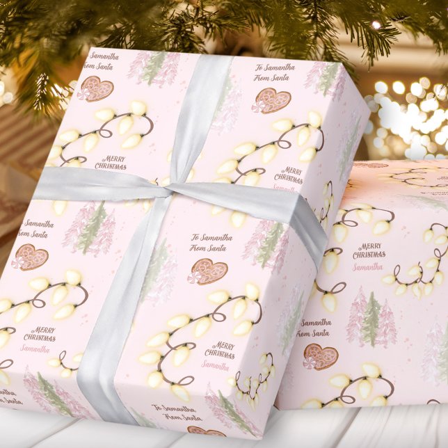 Anpassat namn på Ljus Rosa Pastel Modern Presentpapper (Christmas Lights Modern Pink Pastel Custom Name Wrapping Paper)